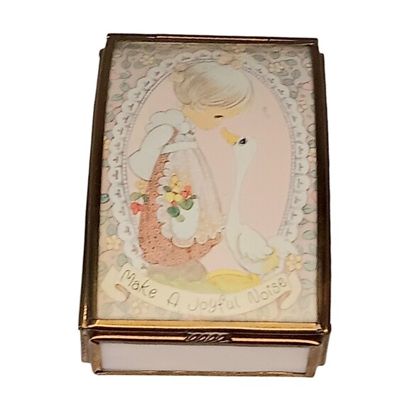 VTG Brass & Pink Slag Glass Trinket Box Cute Girl & Duck Make A Joyful Noise - Picture 1 of 16